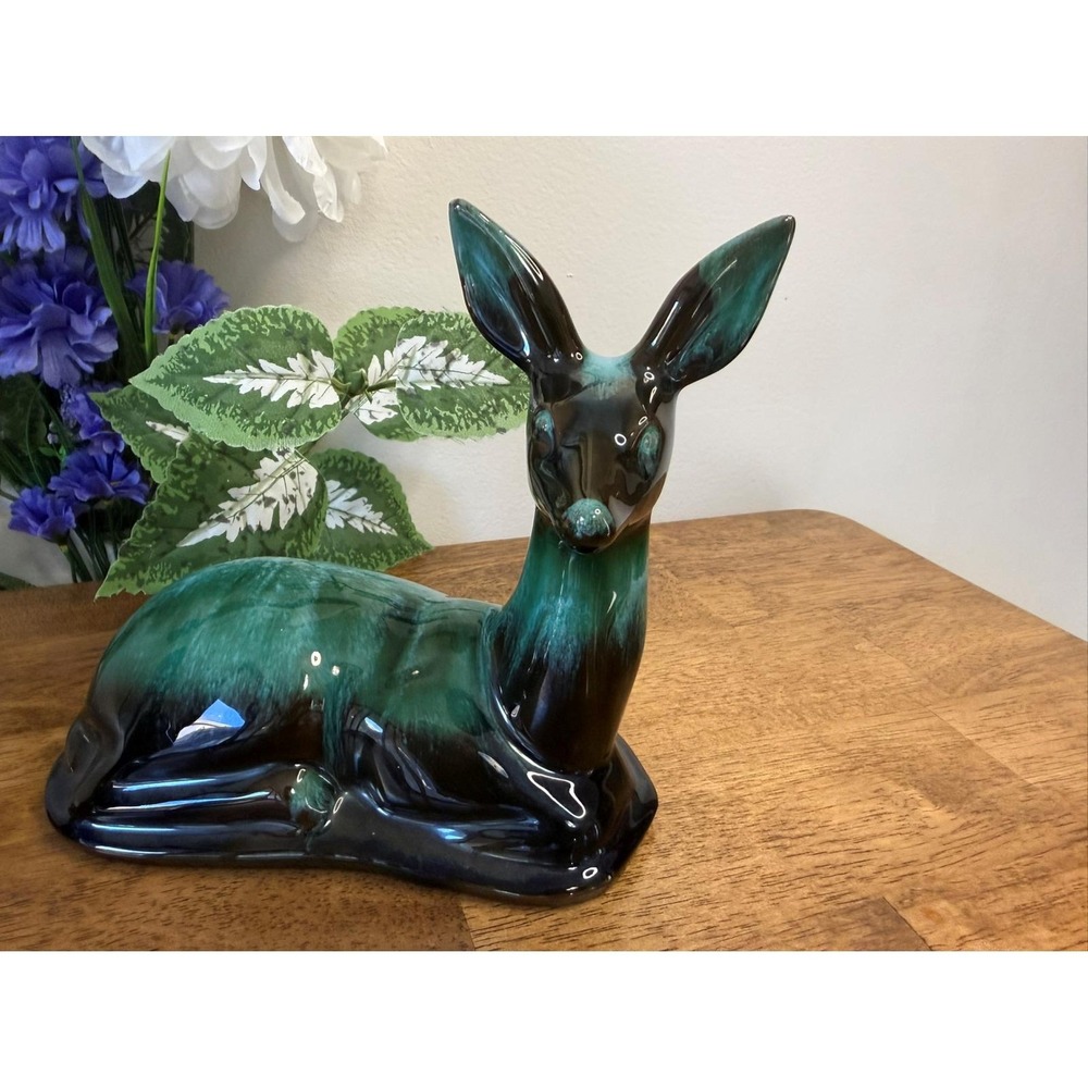 Vintage Blue Mountain Pottery Deer Mom Fawn Pair Green Drip Glaze Canada Figures - Picture 5 of 10